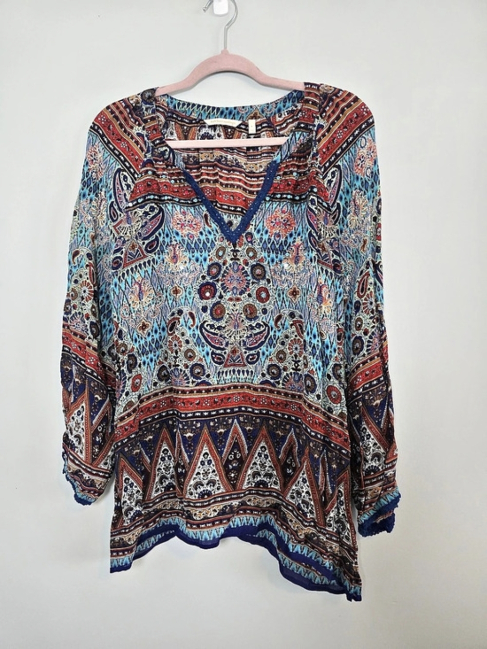 Soft Surroundings Blue Red Paisley Beaded Boho Tunic Women’s Large